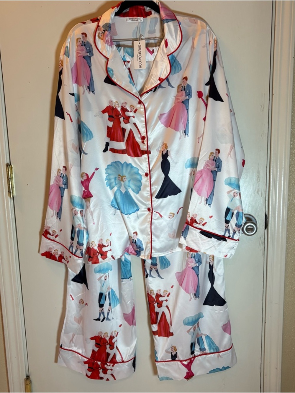 White Satin  Pajama Set with Festive Dancer Print